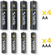 Load image into Gallery viewer, Taktik Powerpods Batteries With Charger | USB-C Charging Port | 4x AA (350mAh) + 4x AAA (250mAh) Lithium Battery - Black