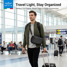 Load image into Gallery viewer, BRAVE Travel Tech Pouch | Electronics Organizer Bag with Back Compartment | Waterproof Case, Shoulder Strap & Dual Handles | for Chargers, Earbuds, & Power Bank - Black