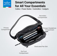 Load image into Gallery viewer, BRAVE Travel Tech Pouch | Electronics Organizer Bag with Back Compartment | Waterproof Case, Shoulder Strap & Dual Handles | for Chargers, Earbuds, & Power Bank - Black