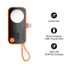 Load image into Gallery viewer, Momax 1-Power X Pro Mini+ 5000mAh Integrated Foldable USB-C Plug & Built-In USB-C Cable Power Bank With Apple Watch Fast Charger - Orange
