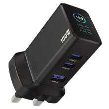 Load image into Gallery viewer, Powerology GaNex 100W Wall Charger USB-C + USB-C + USB-A With Tfd Dispay - Black