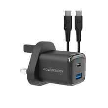 Load image into Gallery viewer, Powerology 35W PD QC 1x USB - C 35W and 1x USB - A 18W GaN Charger UK with Type - C to Type - C Cable 60W - Black - CVRGRM