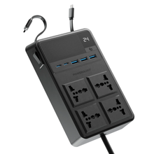 Load image into Gallery viewer, Powerology 2500W 4 AC Power Strip with Built-In Retractable Type C and Lightning Cable 5 USB Ports - Black
