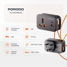 Load image into Gallery viewer, Porodo 20W Universal Wall Socket UK Plug 1 AC*1 USB - A*1 USB - C with 30cm USB - C Cable - CVRGRM