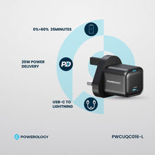 Load image into Gallery viewer, Powerology 20W Single C Port PD Charger UK with Type - C to Lightning MFI 27W Cable - Black - CVRGRM