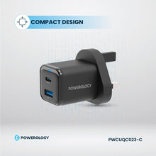 Load image into Gallery viewer, Powerology 35W PD QC 1x USB - C 35W and 1x USB - A 18W GaN Charger UK with Type - C to Type - C Cable 60W - Black - CVRGRM