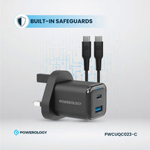 Load image into Gallery viewer, Powerology 35W PD QC 1x USB - C 35W and 1x USB - A 18W GaN Charger UK with Type - C to Type - C Cable 60W - Black - CVRGRM