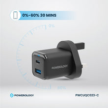 Load image into Gallery viewer, Powerology 35W PD QC 1x USB - C 35W and 1x USB - A 18W GaN Charger UK with Type - C to Type - C Cable 60W - Black - CVRGRM