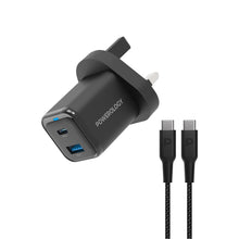 Load image into Gallery viewer, Powerology 35W PD QC 1x USB - C 35W and 1x USB - A 18W GaN Charger UK with Type - C to Type - C Cable 60W - Black - CVRGRM