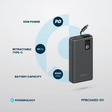 Load image into Gallery viewer, Powerology PD65W A+C Port Power Bank 20000mAh with Built - in Type C Cable - Dark Grey - CVRGRM
