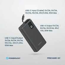 Load image into Gallery viewer, Powerology PD65W A+C Port Power Bank 20000mAh with Built - in Type C Cable - Dark Grey - CVRGRM