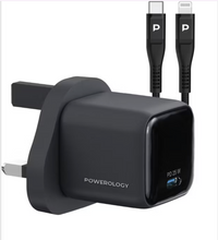 Load image into Gallery viewer, Powerology Volt-X 25W Single Port GaN Type-C Charger with USB-C to Lightning Cable - Black