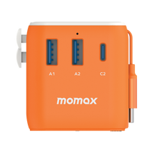Load image into Gallery viewer, Momax 1-World 25W 3 Port With Built-In USB-C Cable AC Travel Adaptor - Orange