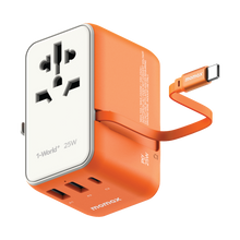 Load image into Gallery viewer, Momax 1-World 25W 3 Port With Built-In USB-C Cable AC Travel Adaptor - Orange