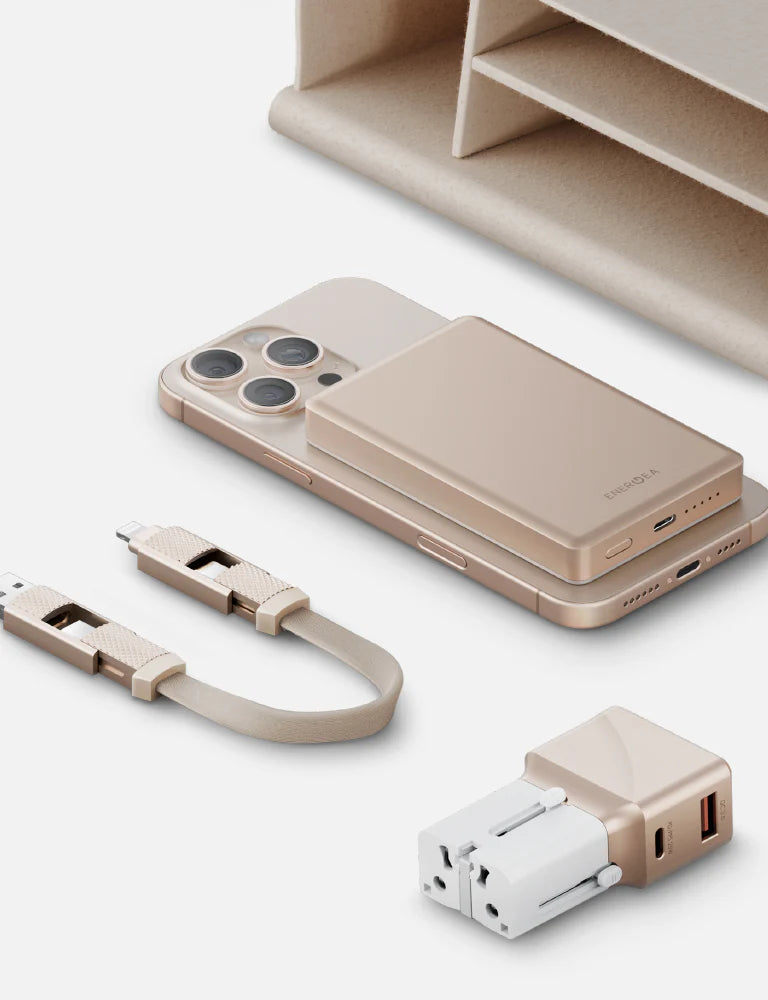 ENERGEA X Bazic Travel Kit Universal Travel World 25W Adaptor | AluPac 10,000 mAh Powerbank | AluCable 15 CM 60W USB to Lightning Cable - Gold
