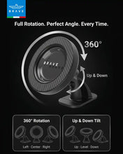 Load image into Gallery viewer, BRAVE 2-in-1 Magnetic Car Phone Holder | MagSafe Compatible Dashboard &amp; Air Vent Mount, 360° Rotation | Strong N52 Magnet - Black
