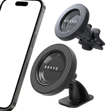 Load image into Gallery viewer, BRAVE 2-in-1 Magnetic Car Phone Holder | MagSafe Compatible Dashboard &amp; Air Vent Mount, 360° Rotation | Strong N52 Magnet - Black
