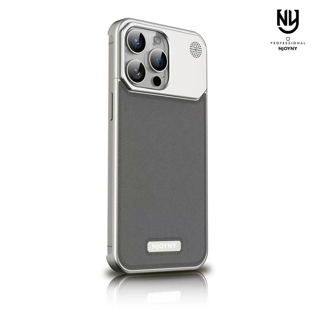 NJOYNY Leather Metal Case for iPhone 16 Pro Max