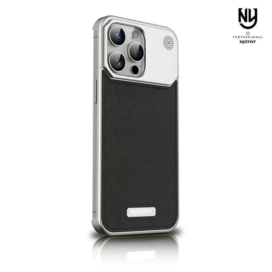 NJOYNY Leather Metal Case for iPhone 14 Pro Max