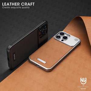 NJOYNY Leather Metal Case for iPhone 16 Pro Max