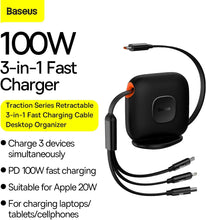 Load image into Gallery viewer, Baseus Traction Series Retractable 3-In-1 Fast Charging Cable 100W (Fast Charging Easy To Store 360° Rotation Easy To Stick On) - Black
