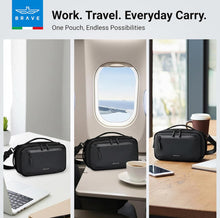 Load image into Gallery viewer, BRAVE Travel Tech Pouch | Electronics Organizer Bag with Back Compartment | Waterproof Case, Shoulder Strap &amp; Dual Handles | for Chargers, Earbuds, &amp; Power Bank - Black
