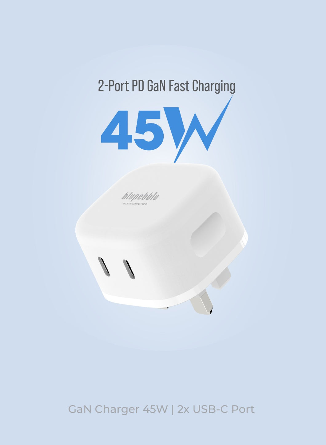 Blupebble 2port PD Gan Fast Charger (45watts)- White