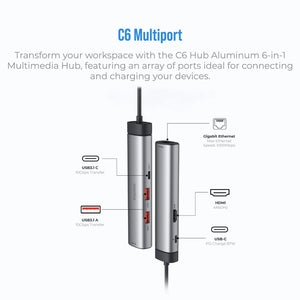 Blupebble C6 Multiport Aluminum 6 in 1 Multimedia Hub - Gray