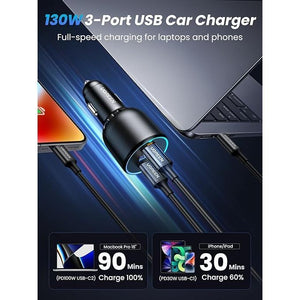 UGREEN 130W 3-Port PD Fast Car Charger - Gray