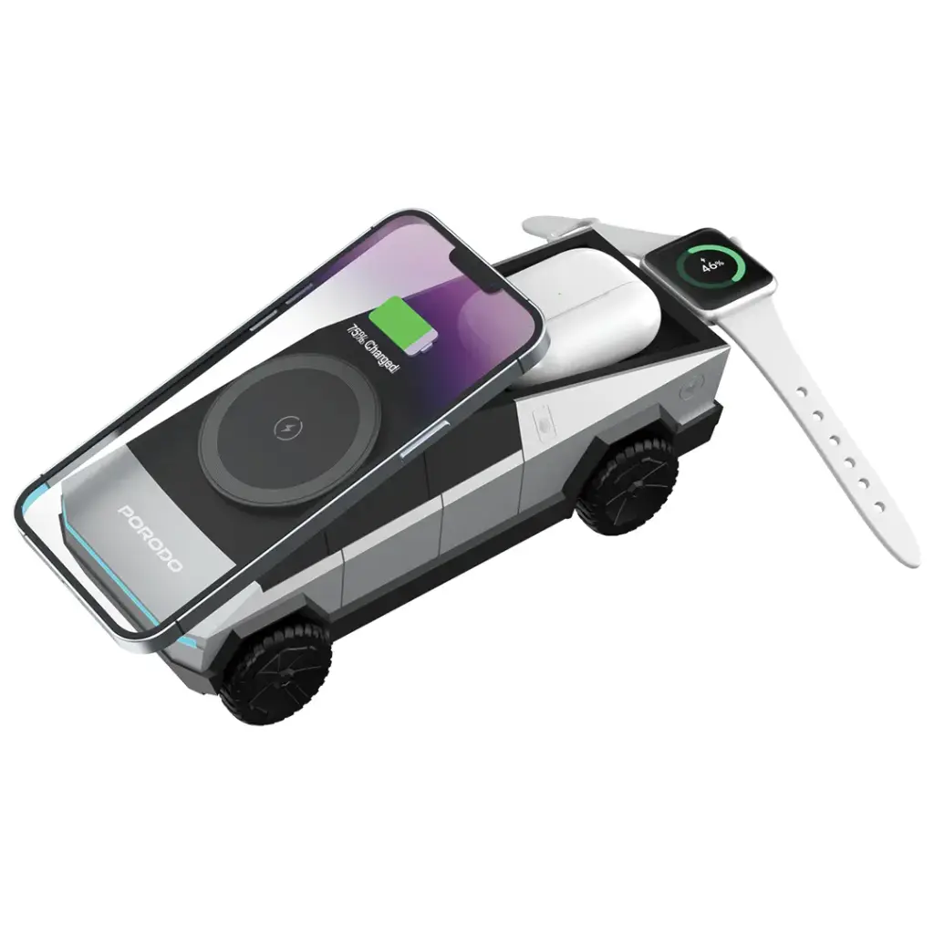Porodo Cyber Dock Wireless Charger with Rotating Stand | Triple Device Fast Charging | 90° Rotating Stand - Gray