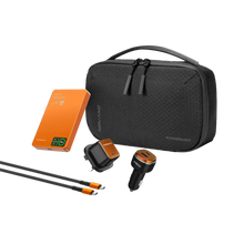 Load image into Gallery viewer, Powerology NIRVANO 5-In-1 Travel Combo Kit | 2.8L Travel Bag | 75W Car Charger | 1000mAh MagSafe Powerbank | 60W Type-C 1M Cable | 45W GaN Wall Charger - Black/Orange
