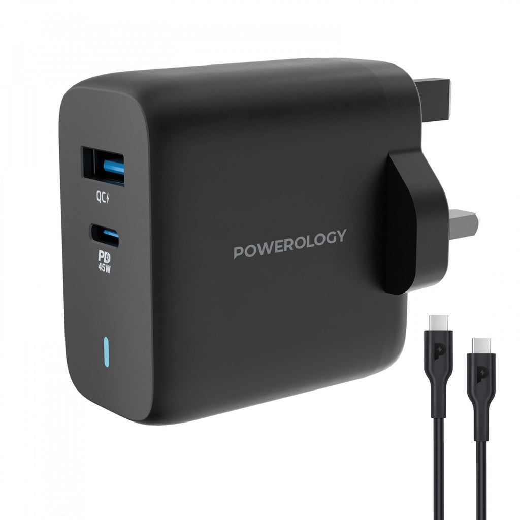 Powerology Ultra-Quick GaN Charger 45W PD & USB-A Quick Charge 18WQC3.0 With 60W Type-C To Type-C Cable-Black