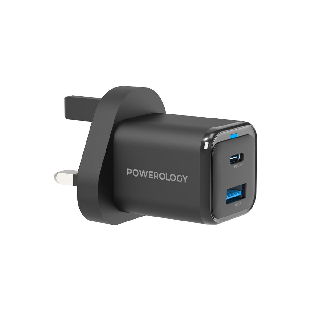 Powerology 35W PD QC 1x USB-C 35W and 1x USB-A 18W GaN Charger UK with USB-C Cable - Black