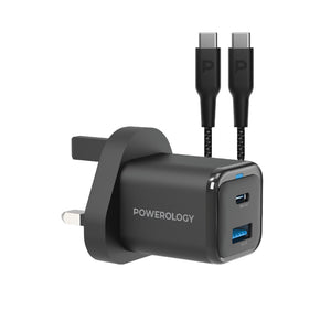 Powerology 35W PD QC 1x USB-C 35W and 1x USB-A 18W GaN Charger UK with Type-C to Type-C Cable 60W - Black