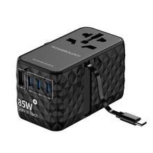 Load image into Gallery viewer, Powerology Universal GaN Adapter 85W 3 Type C port and 1 USB A 15W port with Attached Type-C Cable - Black
