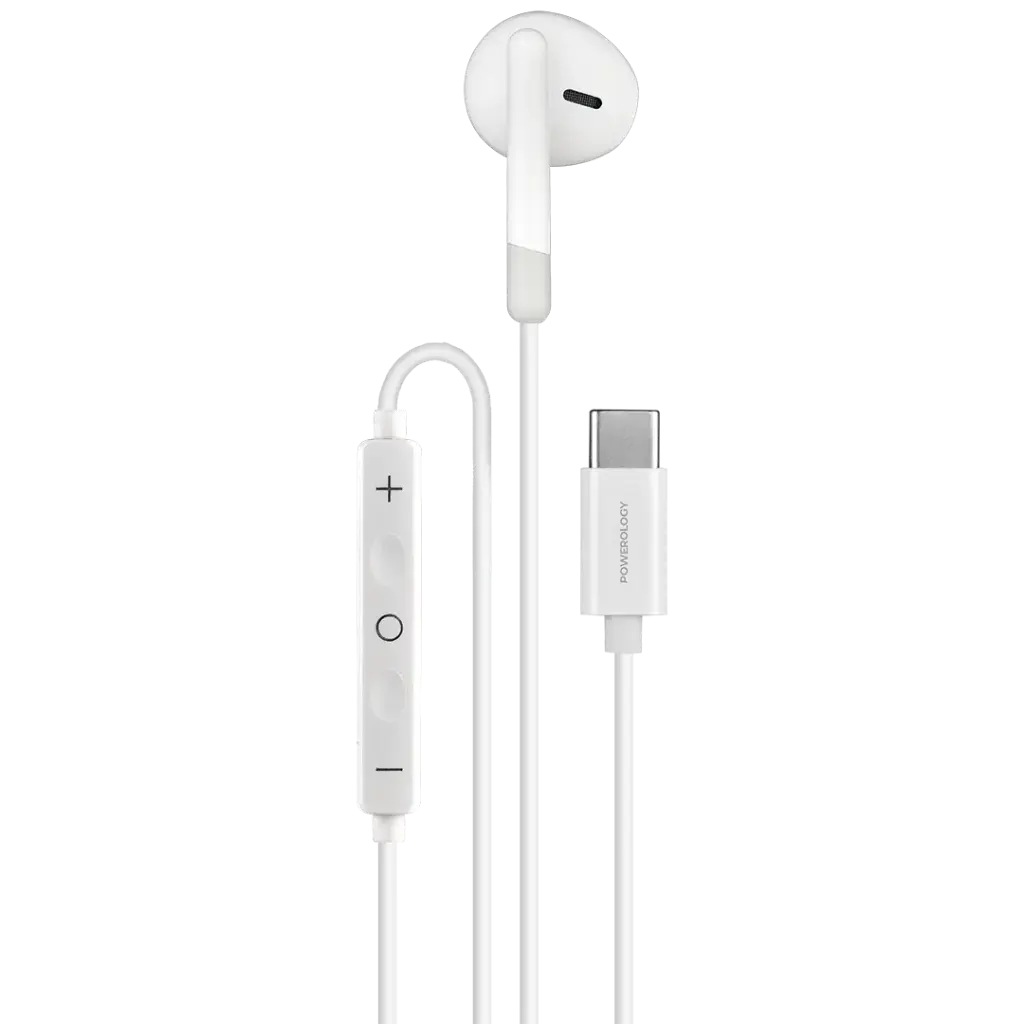 Powerology USB-C Mono Headset | HiFi Audio | In-Line Control | Voice Assistant - White