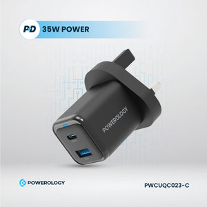 Powerology 35W PD QC 1x USB-C 35W and 1x USB-A 18W GaN Charger UK with Type-C to Type-C Cable 60W - Black