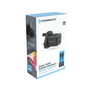 Powerology 35W PD QC 1x USB-C 35W and 1x USB-A 18W GaN Charger UK with Type-C to Type-C Cable 60W - Black