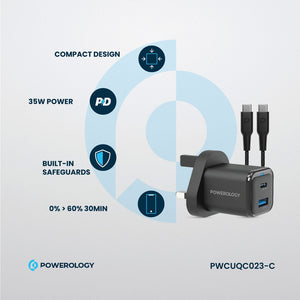 Powerology 35W PD QC 1x USB-C 35W and 1x USB-A 18W GaN Charger UK with Type-C to Type-C Cable 60W - Black