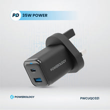 Load image into Gallery viewer, Powerology 35W PD QC 1x USB-C 35W and 1x USB-A 18W GaN Charger UK with USB-C Cable - Black
