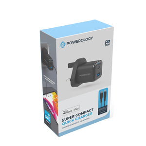 Powerology 35W PD QC 1x USB-C 35W and 1x USB-A 18W GaN Charger UK with USB-C Cable - Black