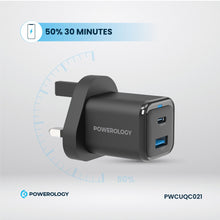 Load image into Gallery viewer, Powerology 35W PD QC 1x USB-C 35W and 1x USB-A 18W GaN Charger UK with USB-C Cable - Black
