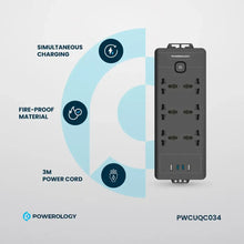 Load image into Gallery viewer, Powerology 6AC Sockets 2500W 3 Meter Power Strip With 2 USB-C Ports &amp; 2 USB-A Port - Black
