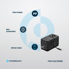 Load image into Gallery viewer, Powerology Universal GaN Adapter 85W 3 Type C port and 1 USB A 15W port with Attached Type-C Cable - Black
