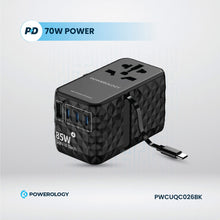 Load image into Gallery viewer, Powerology Universal GaN Adapter 85W 3 Type C port and 1 USB A 15W port with Attached Type-C Cable - Black
