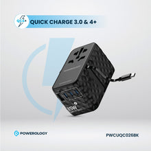 Load image into Gallery viewer, Powerology Universal GaN Adapter 85W 3 Type C port and 1 USB A 15W port with Attached Type-C Cable - Black
