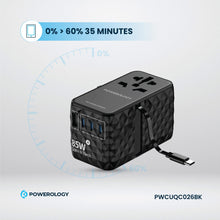 Load image into Gallery viewer, Powerology Universal GaN Adapter 85W 3 Type C port and 1 USB A 15W port with Attached Type-C Cable - Black
