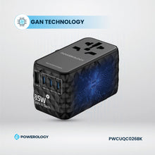 Load image into Gallery viewer, Powerology Universal GaN Adapter 85W 3 Type C port and 1 USB A 15W port with Attached Type-C Cable - Black
