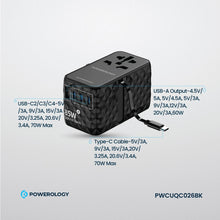 Load image into Gallery viewer, Powerology Universal GaN Adapter 85W 3 Type C port and 1 USB A 15W port with Attached Type-C Cable - Black
