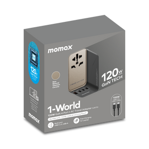 MOMAX 1-WORLD 120W GAN 4 PORTS AC TRAVEL ADAPTER WITH 100W USB-C TO USB-C CABLE
